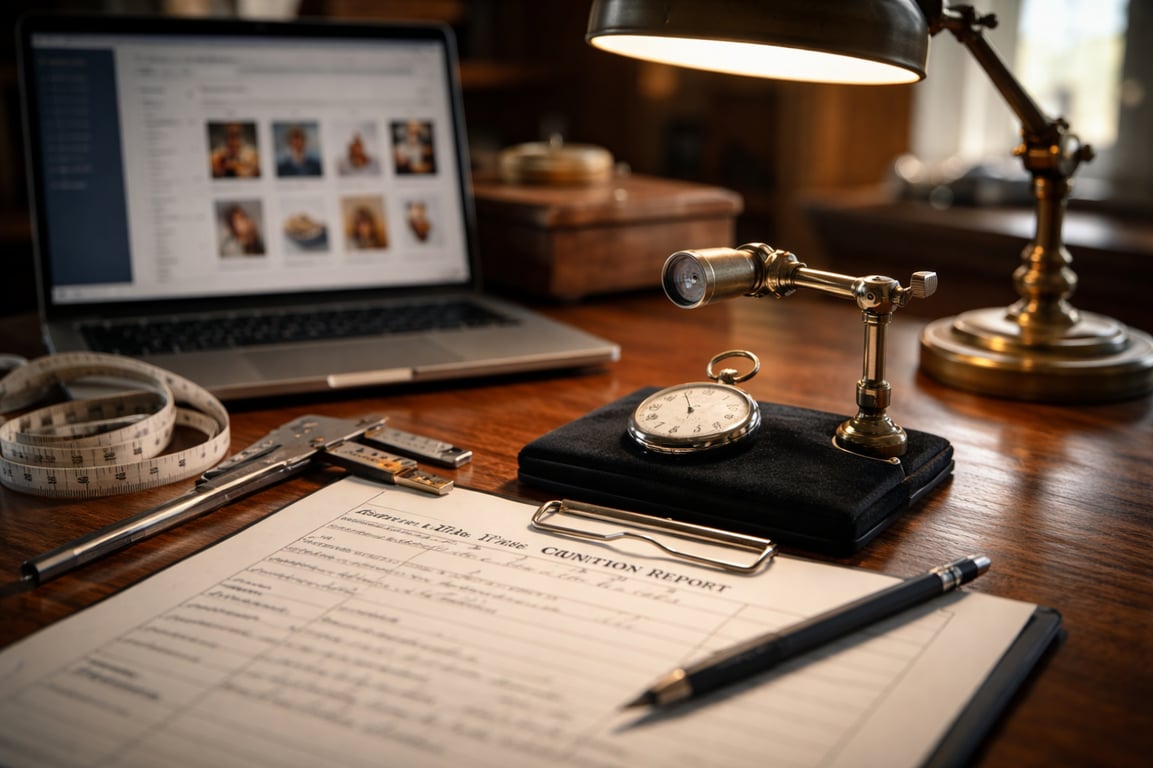 Professional appraiser's desk with vintage timepiece, jeweler's loupe, measuring tools, and inventory software—the systematic documentation process for estate collections
