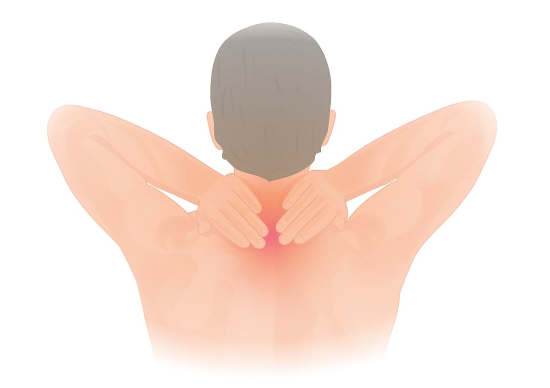 붉은 빛으로 통증 부위를 표시하며 목을 잡고 있는 사람의 일러스트로 앉았을 때의 목 불편함 개념 시각화