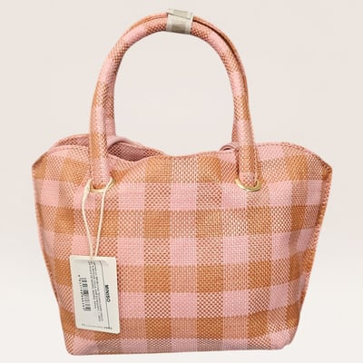 Pink Checkered Woven Tote Bag