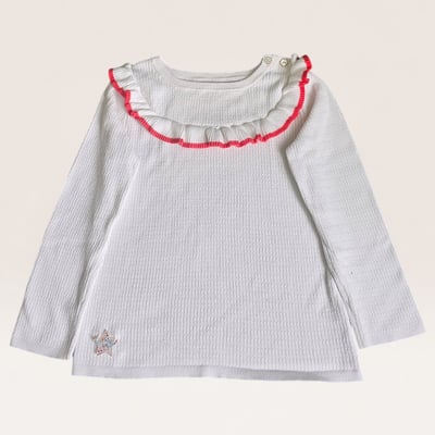 White Long-Sleeve Top with Red Ruffle Collar - 110cm