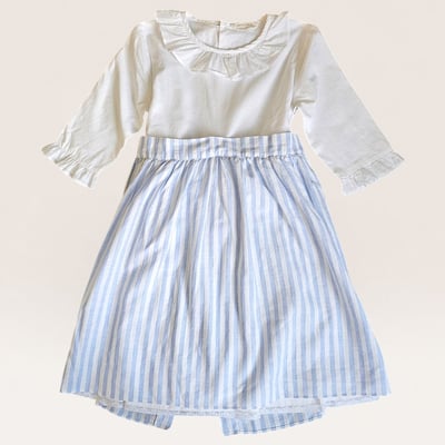 Girls' Dress with Ruffled Collar and Striped Skirt. 8-9  year old.