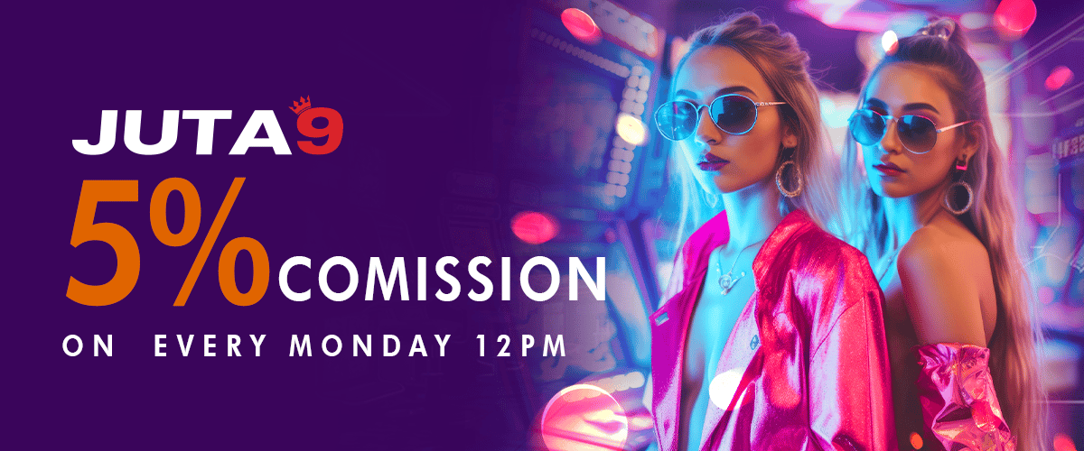 JUTA9 logo with 5% commission offer and two women in neon-lit setting