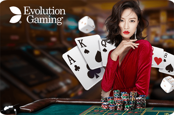 Live dealer casino banner with Evolution Gaming logo and a woman at a poker table.
