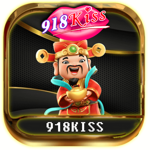 918Kiss logo with cartoon Chinese god holding gold ingot
