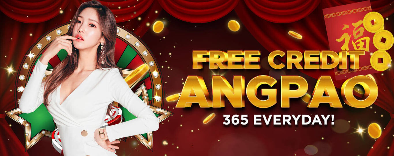 Free Credit Angpao offer with woman posing beside roulette wheel and red envelope.