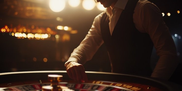 Dealer in vest placing hand on roulette wheel