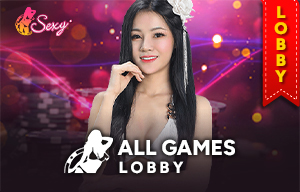 Woman in white dress with 'ALL GAMES LOBBY' text and Sexy Gaming logo