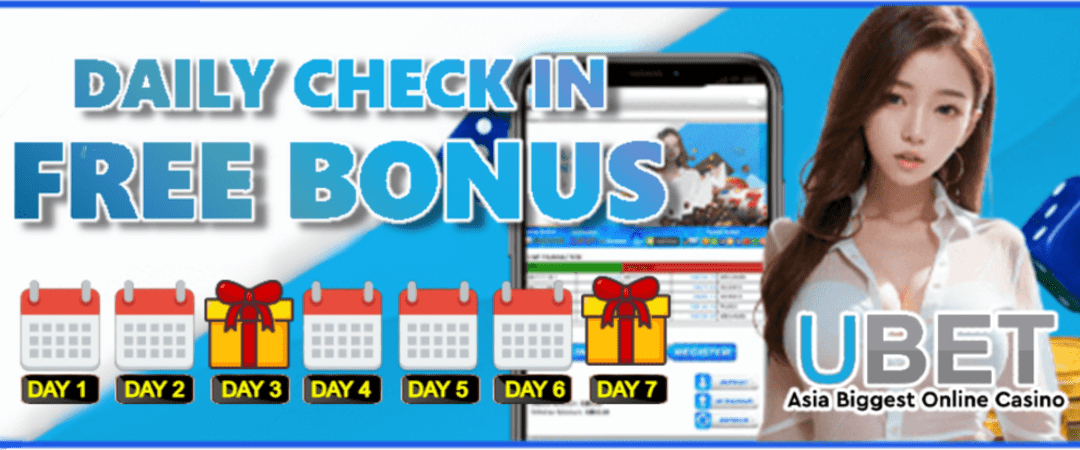 Daily check-in free bonus promotion with calendar icons and mobile app preview.