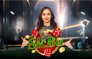 Woman with dice and 'SicBo' text on green table