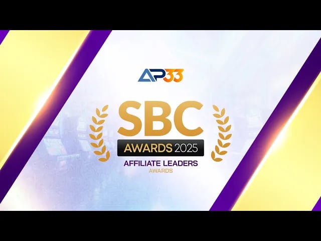 AP33 logo above SBC Awards 2025 Affiliate Leaders text with gold laurels and purple-yellow design.