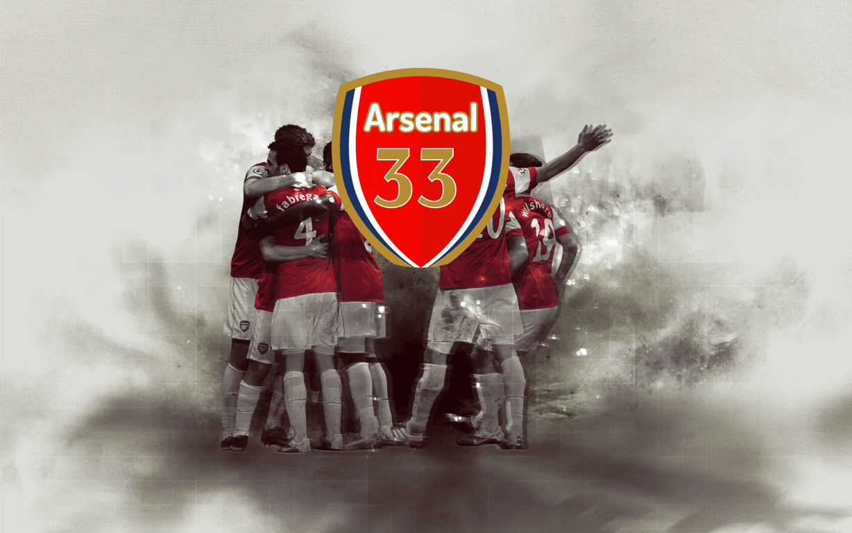 Arsenal 33 shield logo over image of football players celebrating.