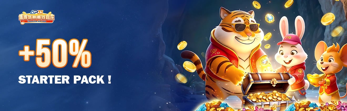 +50% starter pack with cartoon tiger, rabbit, and mouse opening treasure chest