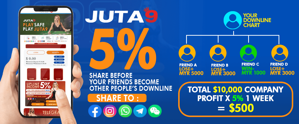 Promotional banner showing 5% share income with mobile app and downline chart