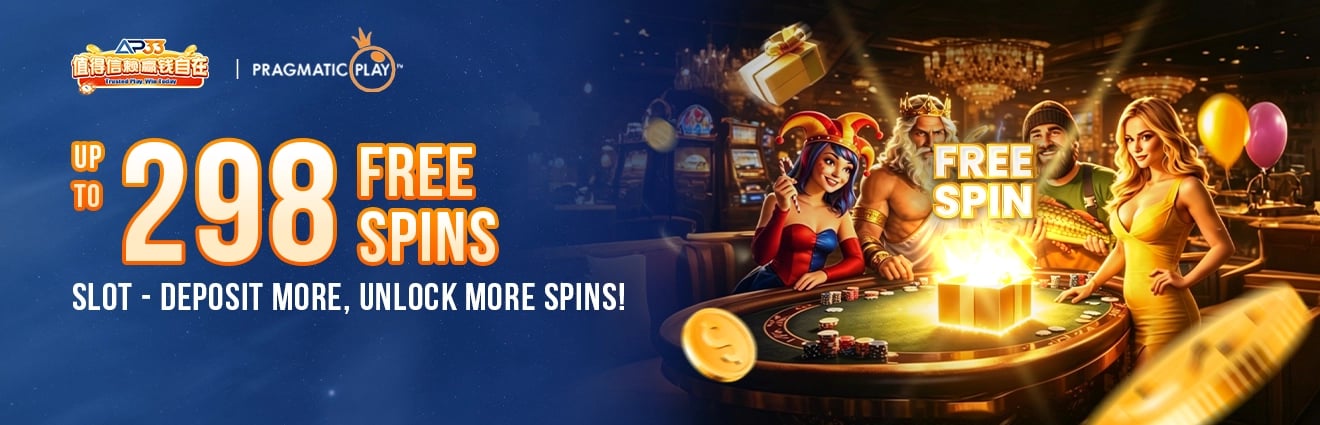 Promotional banner for up to 298 free spins with characters and casino scene