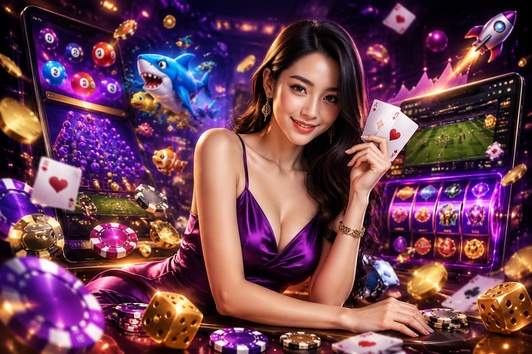 Woman in purple dress holding cards, surrounded by slot machines and game icons.