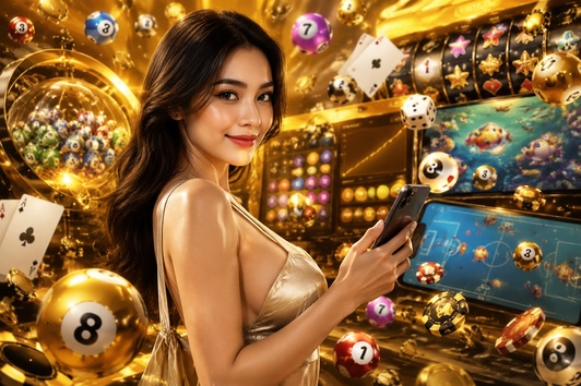 Woman in gold dress holding phone, surrounded by casino elements like dice, cards, and bingo balls.