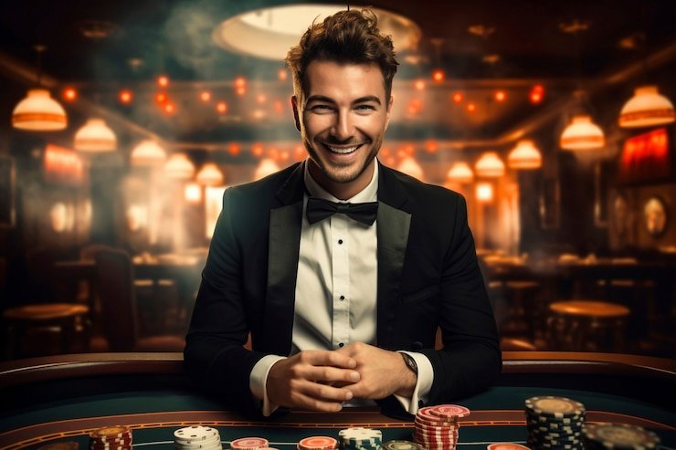 Smiling man in tuxedo at poker table with chips