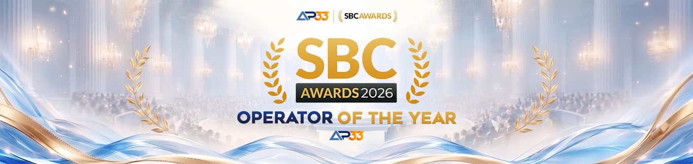 Wide banner showing SBC Awards 2026 Operator of the Year with AP33 logo.