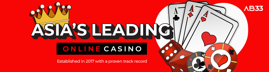 Red banner with 'ASIA'S LEADING ONLINE CASINO' text, playing cards, dice, and chips