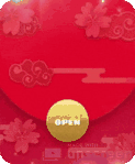 Animated red envelope with floral pattern and gold 'OPEN' button