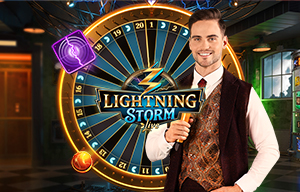 Man holding microphone in front of Lightning Storm wheel, game title displayed