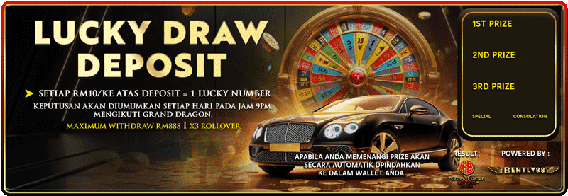 Promotional banner for Lucky Draw Deposit with car, wheel, and prize list