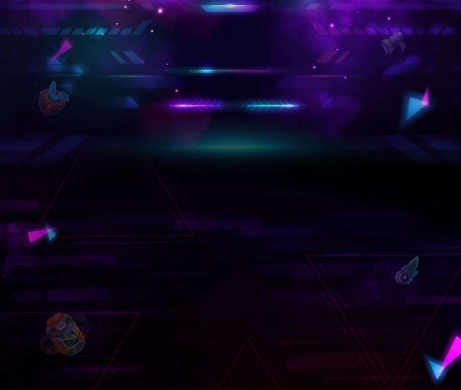 Dark futuristic background with neon lines and floating game icons