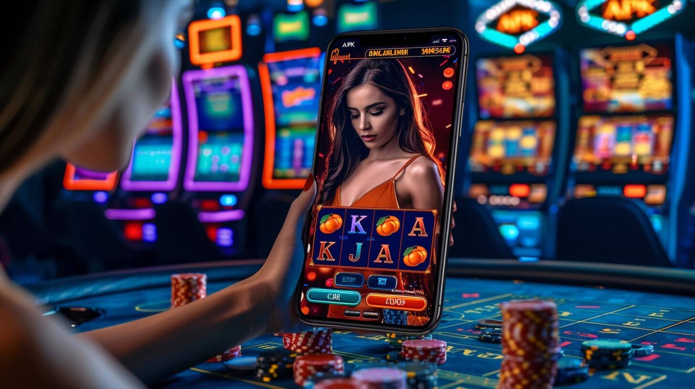 Person holding a smartphone displaying a slot game, surrounded by casino machines and poker chips.