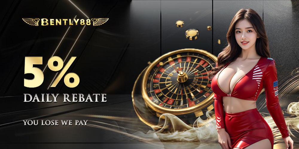Bently88 logo with 5% daily rebate offer, roulette wheel, and woman in red outfit.