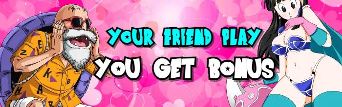 Two anime characters with pink background and text 'YOUR FRIEND PLAY YOU GET BONUS'