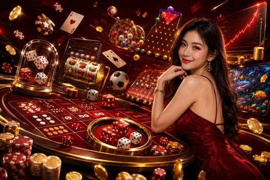 Woman in red dress at casino table with dice, chips, and slot machine.