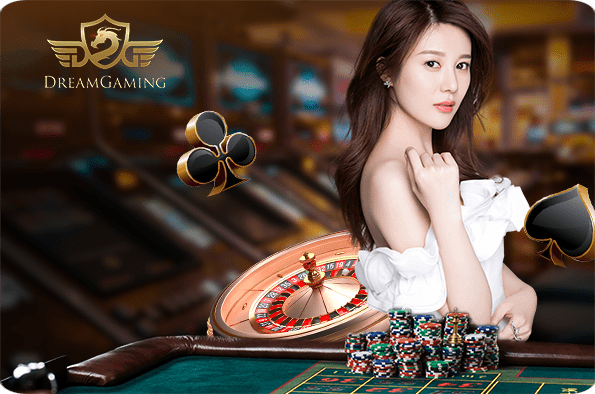Woman at casino table with roulette wheel and chips, DreamGaming logo