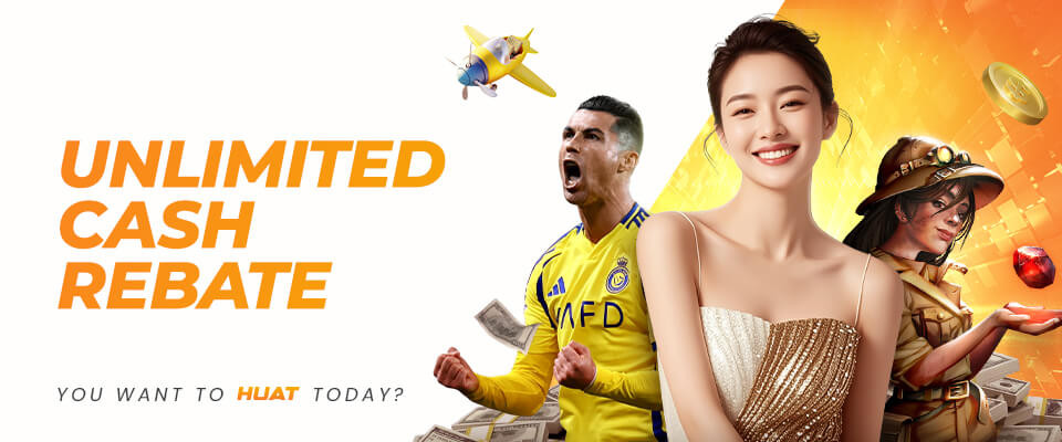 Promotional banner for unlimited cash rebate featuring sports star, woman, and treasure hunter