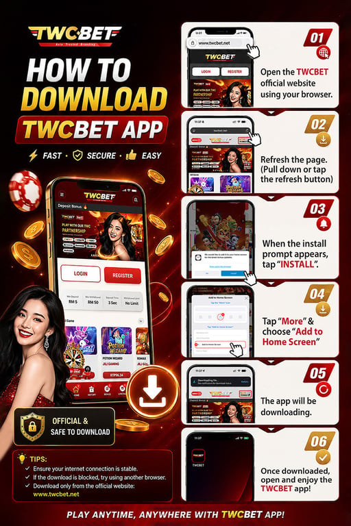 Step-by-step guide to download the TWC BET app on mobile, featuring screenshots and a woman in red.