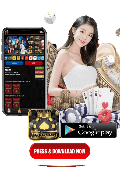 Promotional banner with woman, poker chips, dice, and app download call to action