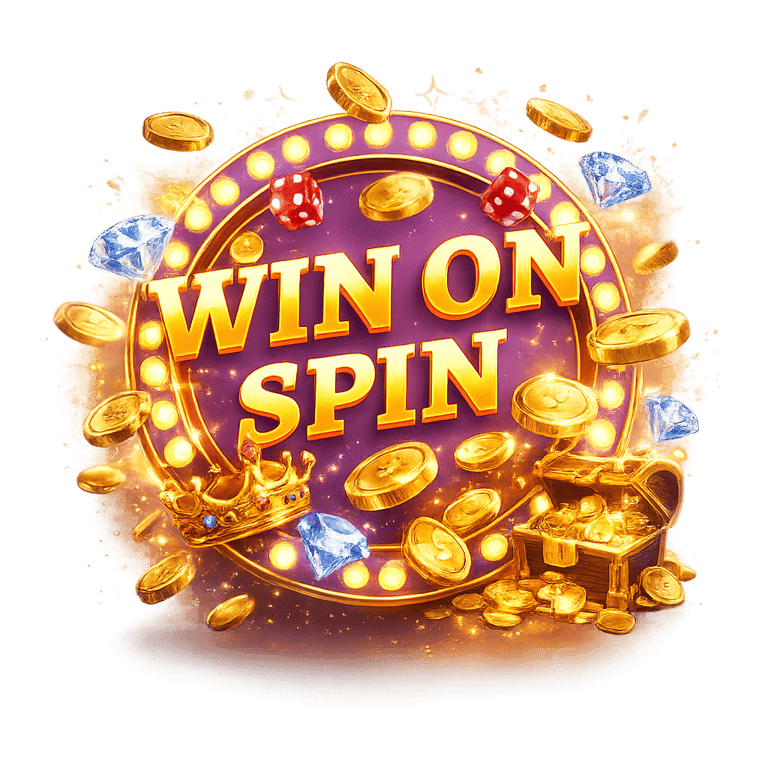 Golden 'WIN ON SPIN' text on purple wheel with coins, gems, crown, and treasure chest