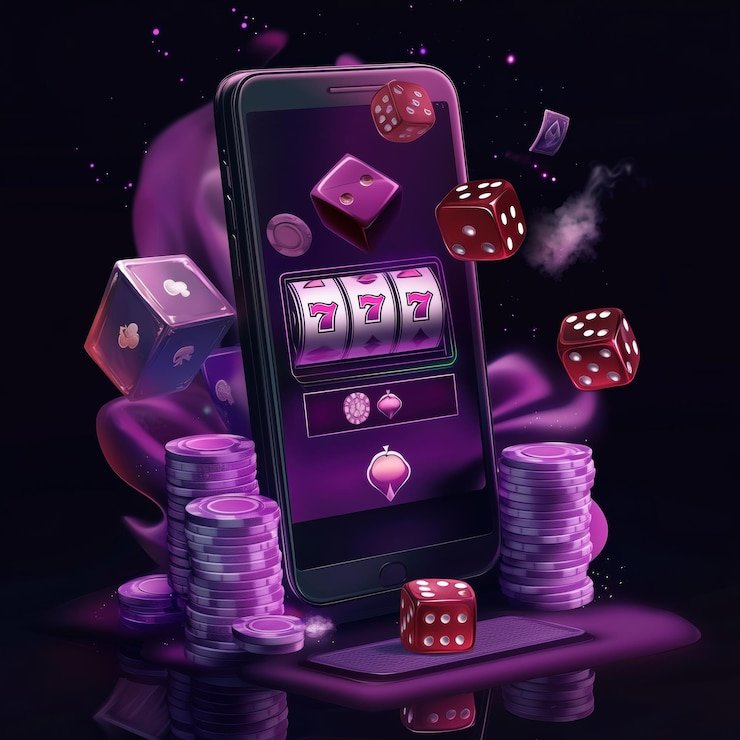 Smartphone displaying slot machine with 777, surrounded by dice and poker chips.