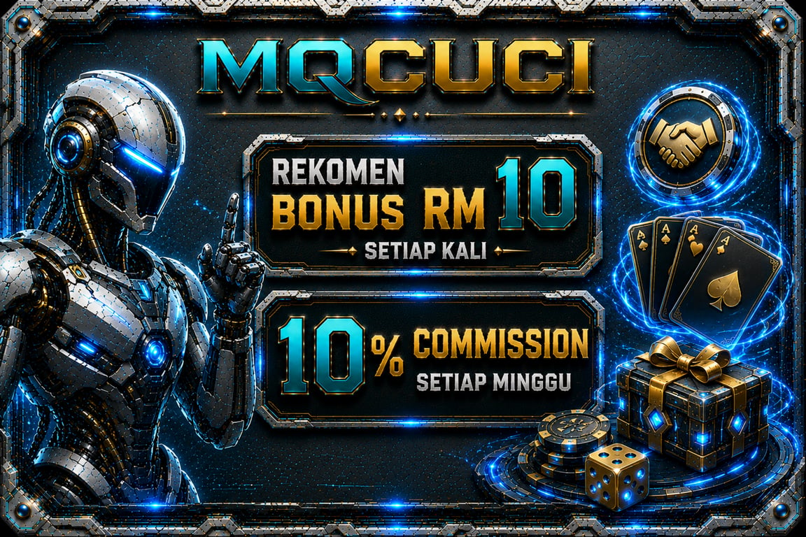 Promotional graphic for MQCUCI with robot, RM10 bonus, and 10% weekly commission.