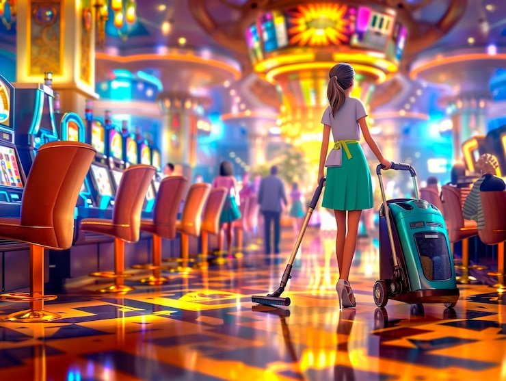 Woman cleaning a casino floor with vacuum and mop amidst slot machines.