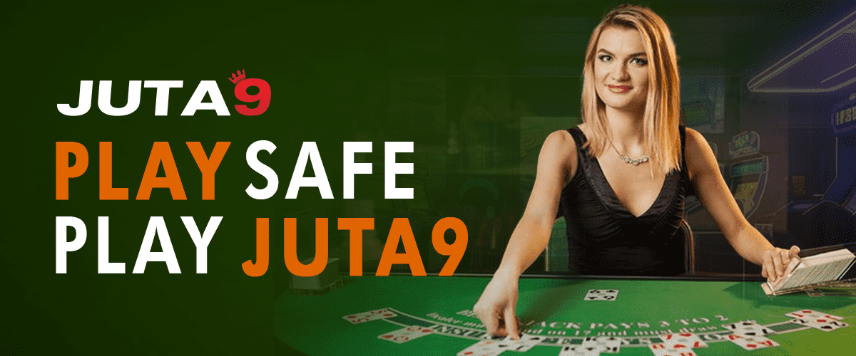 Banner with woman dealing cards at blackjack table, text 'Play Safe Play JUTA9'