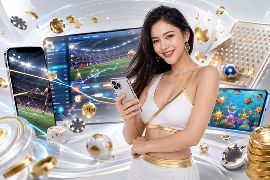 Woman in white outfit holding phone, surrounded by sports and game screens.