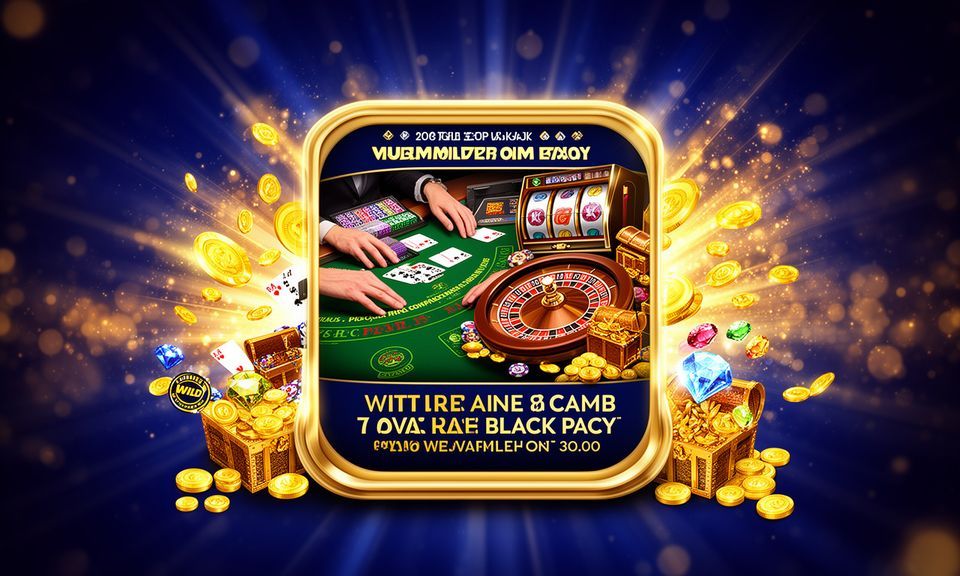 Golden-framed casino scene with blackjack, roulette, treasure chests, and text.