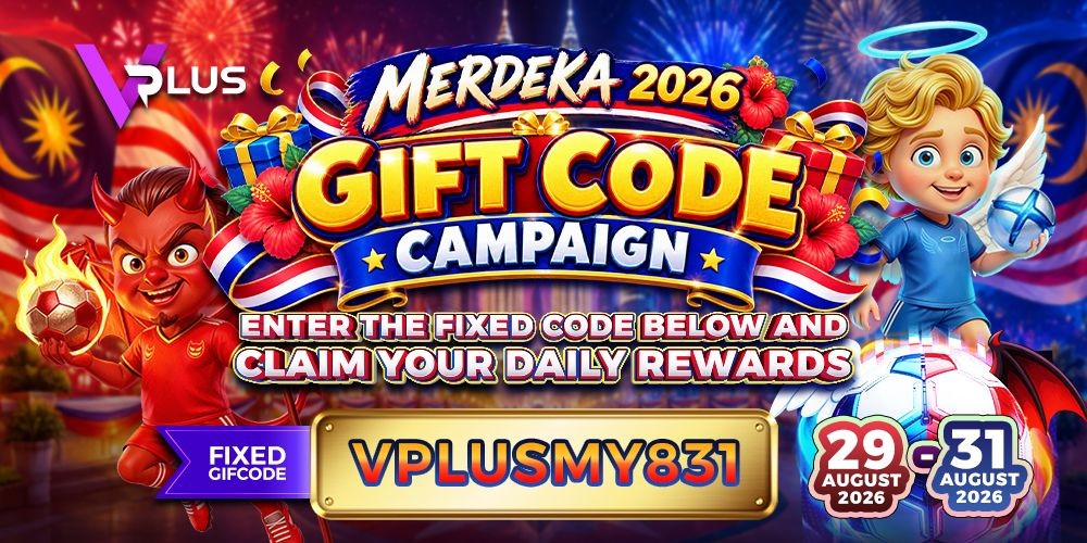 Merdeka 2026 Gift Code Campaign with fixed code VPLUSMY831 and cartoon characters.