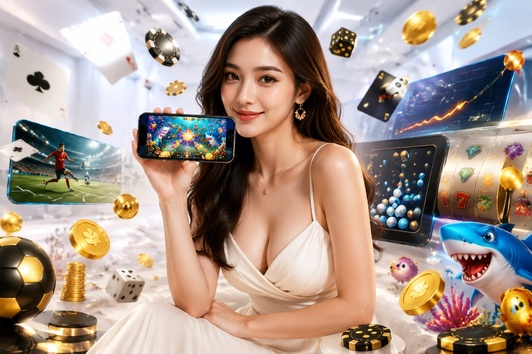 Woman holding smartphone showing game, surrounded by sports, dice, and casino items