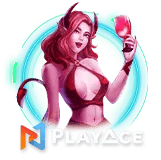 Devil woman holding drink with 'PlayAce' logo