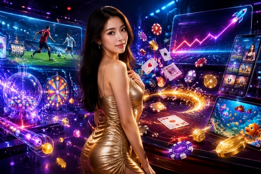 Woman in gold dress surrounded by casino elements, sports, and gaming screens