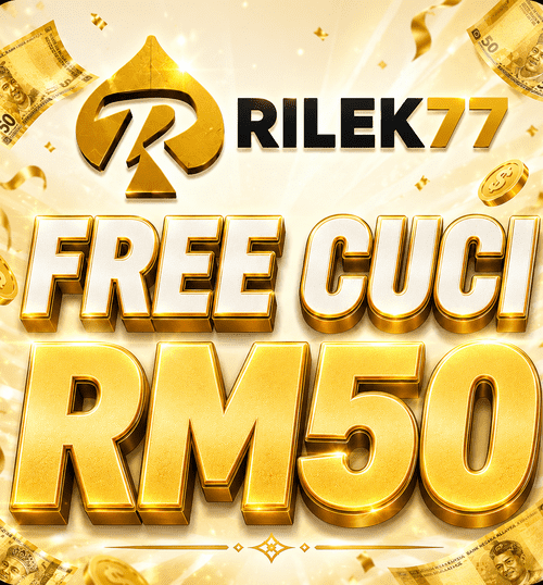 RILEK77 Free Cuci RM50 promotional offer with gold text and money