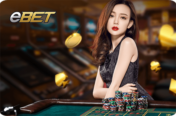 Woman at casino table with chips and coins, eBET logo