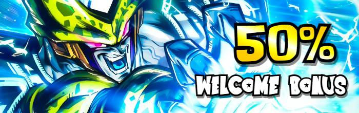 Anime character with lightning effects and text '50% WELCOME BONUS'