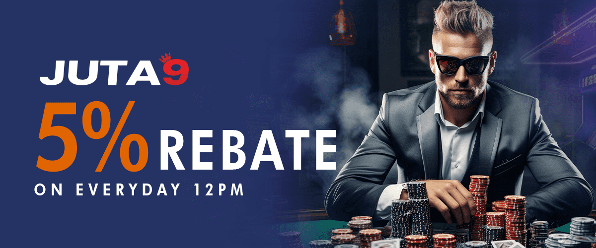 JUTA9 logo with 5% rebate offer and man in suit at poker table